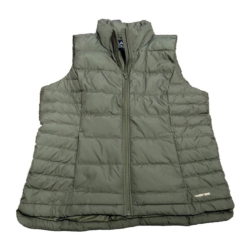 Lands' End Down Puffer Vest Womens Large Green Zip Front Insulated Casual Warmth